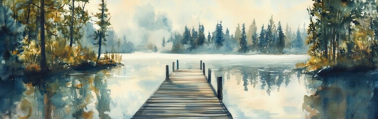 Poster - Serene waterscape features a rustic dock surrounded by tranquil nature in a watercolor style
