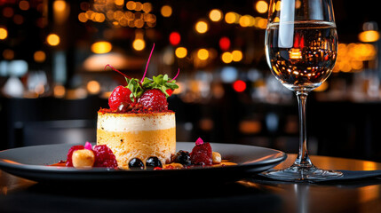 Aufkleber - beautifully plated gourmet dessert with vibrant colors, featuring fresh berries and glass of water, set in warm, inviting restaurant atmosphere
