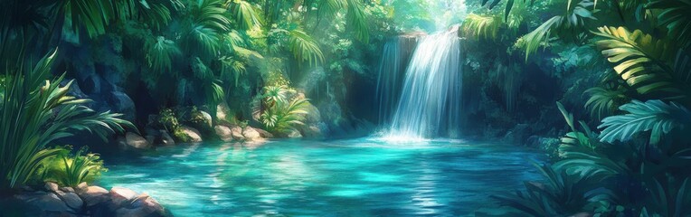 Poster - Natural serenity in a tropical rainforest featuring a cascading waterfall and clear turquoise waters