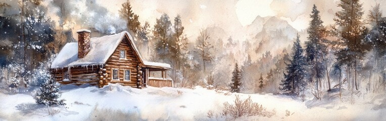 Aufkleber - Cozy cabin surrounded by snow-covered trees in a tranquil winter landscape at sunrise