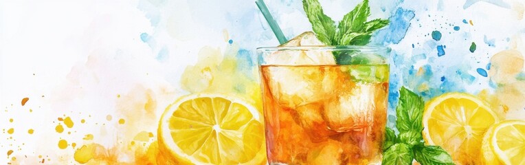 Poster - Close-up of a refreshing beverage with lemon slices and mint leaves against a colorful watercolor background