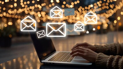 Poster - Typing messages on a laptop in a warm, inviting setting filled with sparkling lights creates a perfect ambiance for connection