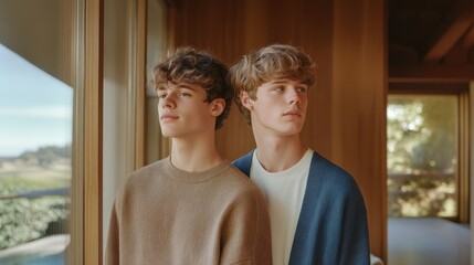 Poster - Young men standing together near large glass windows in a modern interior setting