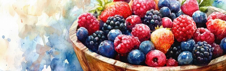 Poster - Close-up of a vibrant assortment of berries in a wooden bowl against a soft watercolor background