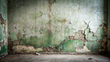 Poster - A crumbling, aged green wall with exposed brick and distressed plaster reveals the passage of time