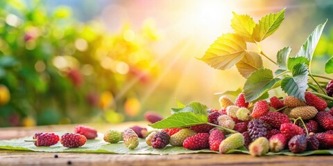 Aufkleber - Sunlit Ripe Mulberries on a Wooden Surface with Lush Green Leaves