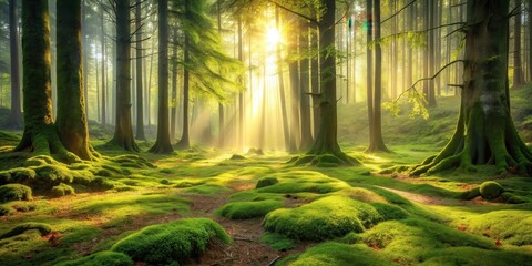 Poster - Serene Sunlight Illuminates Mossy Forest Floor with Majestic Trees