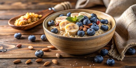 Poster - A healthy and delicious breakfast bowl of oatmeal topped with fresh blueberries, banana slices, and almonds