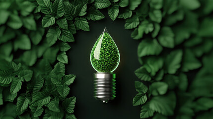 Poster - green light bulb shaped like water droplet surrounded by lush leaves symbolizes renewable energy and sustainability. This bold visualization highlights eco friendly concepts