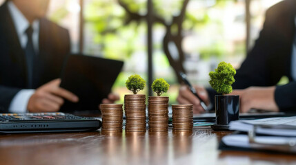 Aufkleber - Investors discussing financial growth with coins and plants symbolizing prosperity. scene captures essence of economic trends and sustainable investments