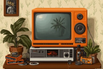Poster - A pixel art depiction of a cozy retro room with a VCR playing a movie on a CRT TV, surrounded by tiny pixelated VHS tapes and nostalgic decor