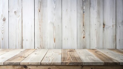 Poster - Rustic Wooden Tabletop Against a Weathered Plank Wall Background Ideal for Product Displays and Mockups