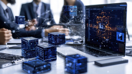 Poster - Business team collaborating on securing corporate data with technology, showcasing digital blocks and data visualization on laptop screen, emphasizing teamwork and innovation