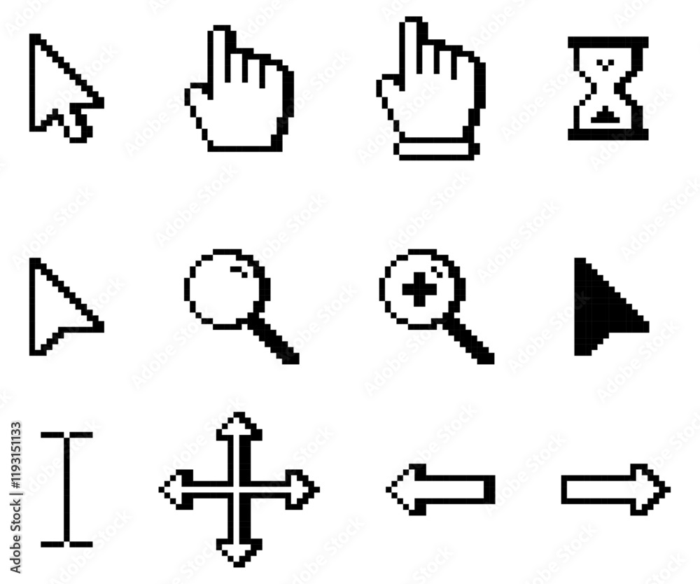 Pixelated white computer cursor icons. Pixelated white computer pointer ...