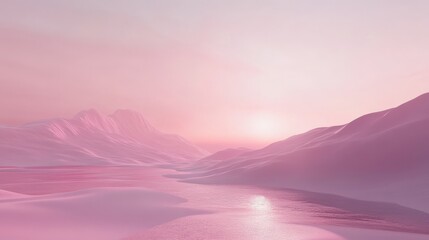 Poster - Gradient landscape at dawn featuring serene pastel pink hues over mountains and water