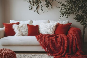 Wall Mural - a cozy living room featuring a white couch adorned with contrasting red and white pillows and a plush red blanket, creating a warm and inviting atmosphere perfect for relaxation and gatherings