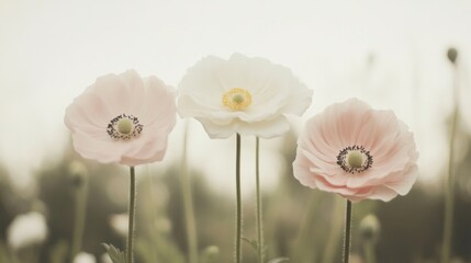 Wall Mural - Three pastel-colored poppies in soft focus.