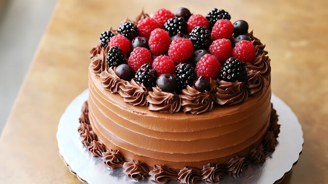 A beautifully decorated chocolate birthday cake with fresh berries on top