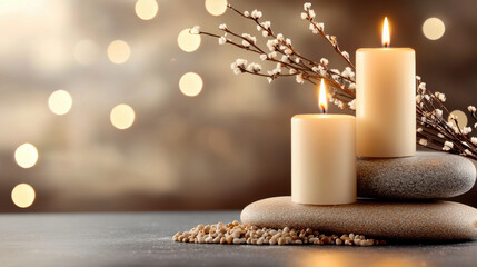 Leinwandbilder - calming candlelit room with soft music playing, featuring two lit candles on smooth stones, surrounded by decorative twigs and grains, creating serene atmosphere