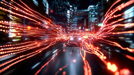 Aufkleber - dynamic city scene showcasing car in motion, surrounded by vibrant red light trails. image captures essence of speed and urban energy, creating captivating visual experience