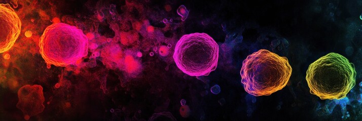 Fototapete - Magnified view of colorful viruses highlighting their unique structures and interactions in a vibrant scientific context. Generative AI