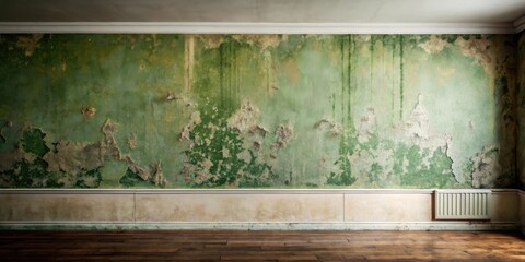 Poster - A dilapidated room with peeling green wall, aged baseboard, and hardwood floor