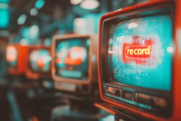Poster - A retro TV playing static noise, with a VHS player displaying a glowing red 