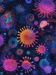 Fototapete - Magnified view of colorful viruses showcasing intricate designs in a scientific visualization. Generative AI