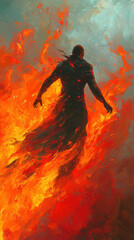 Poster - mysterious figure emerges from vibrant flames, embodying transformation and power. fiery backdrop enhances dramatic scene