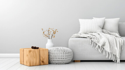 Aufkleber - clean minimalist living room featuring neutral palette, cozy textures, and natural elements. wooden table and knitted pouf add warmth to serene space