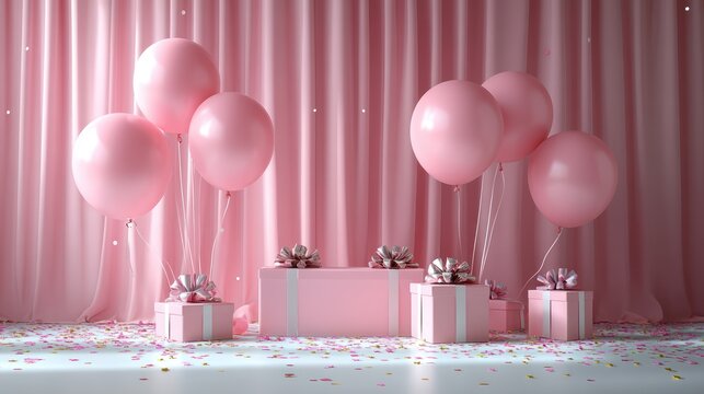 A festive pink birthday party setup featuring colorful balloons, sparkling confetti