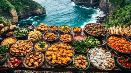 Poster - 12011935 82 Local cuisine from tropical vacation destinations presented on a table with ocean view Stock Photo with side copy space