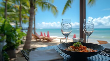 Poster - 12011935 82 Local cuisine from tropical vacation destinations presented on a table with ocean view Stock Photo with side copy space