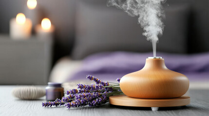 Poster - calming diffuser emitting soothing lavender scent, surrounded by lavender flowers and candles, creates serene atmosphere in cozy bedroom