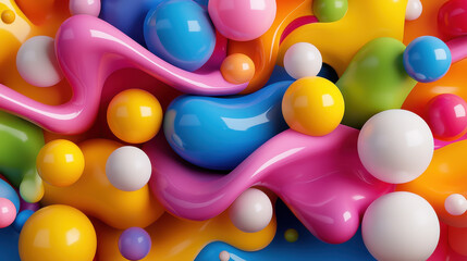 Aufkleber - Colorful abstract shapes and glossy spheres create vibrant, playful composition. mix of pink, blue, yellow, and green elements evokes sense of joy and creativity