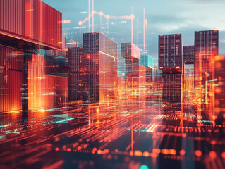 Poster - Futuristic digital containers with glowing red and blue light patterns
