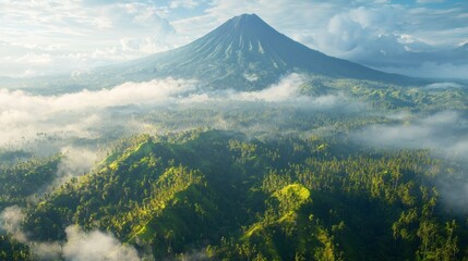 Poster - 12011935 86 Dramatic view of volcanic peaks in tropical vacation destinations covered in dense forest Stock Photo with side copy space