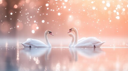 Naklejka na meble Two graceful white swans forming a heart shape on a calm, misty lake at sunrise.