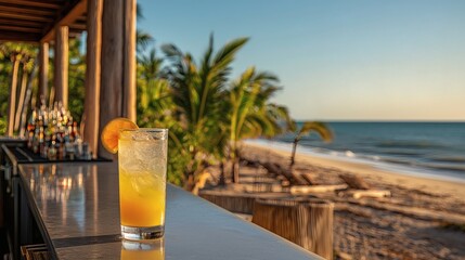 Poster - 12011935 87 Beachfront bar at tropical vacation destinations serving exotic cocktails in a relaxed setting Stock Photo with side copy space