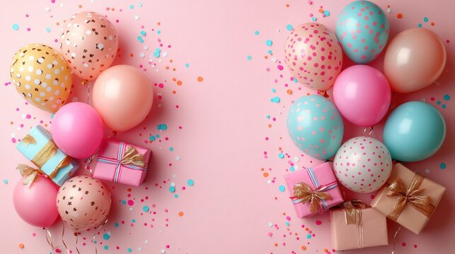 A festive pink birthday party setup featuring colorful balloons, sparkling confetti