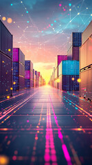 Poster - Digital pathway with glowing neon lights and futuristic containers at sunset