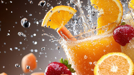 Poster - refreshing juice blend with vibrant orange slices and strawberries splashing in water, creating lively and appetizing scene