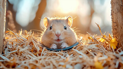 Poster - cute hamster resting in cozy bed of straw, with warm glow from sunlight. scene captures adorable expression of small pet, creating heartwarming atmosphere