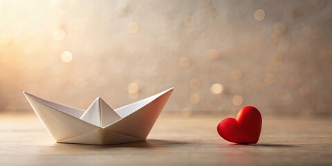 Poster - A delicate paper boat and a vibrant red heart rest on a wooden surface, bathed in warm, soft light.
