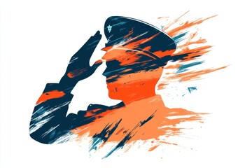Aufkleber - A simple line art illustration of a veteran saluting, with a clean silhouette of a flag in the background on a white canvas