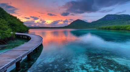 Aufkleber - Wooden boardwalk cutting through dense tropical mangroves at sunset Tropical Stock Photo with side copy space