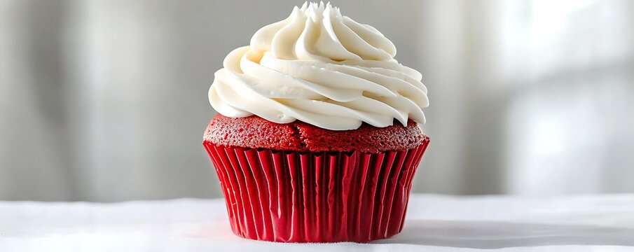 A beautifully presented red cupcake with elegant white frosting set against a bright white backdrop
