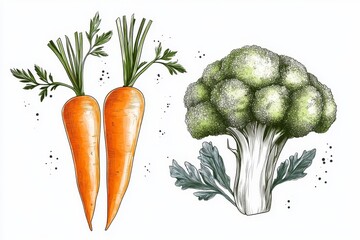 A simple line art illustration of a carrot and a broccoli head, drawn in clean lines with soft pastel orange and green tones on a white background