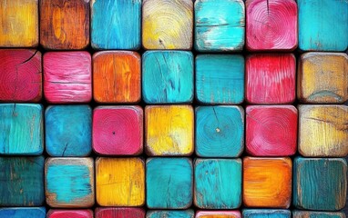 Poster - Colorful wooden blocks arranged in a vibrant pattern, showcasing a blend of textures and hues for artistic inspiration.