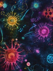 Fototapete - Magnified colorful representation of viruses showcasing their intricate structures and diversity in a scientific visualization. Generative AI